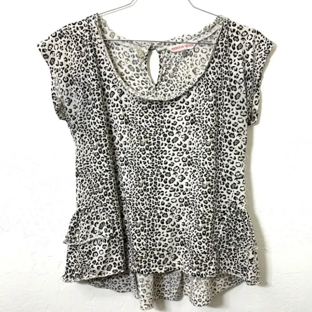 Rebecca Taylor Cheetah Leopard Print Ruffle Cotton Tee  Shirt